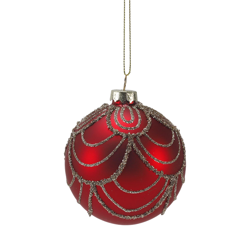 8cm Red Matte Christmas Glass ball Bauble with Aurum Glitter Swirls