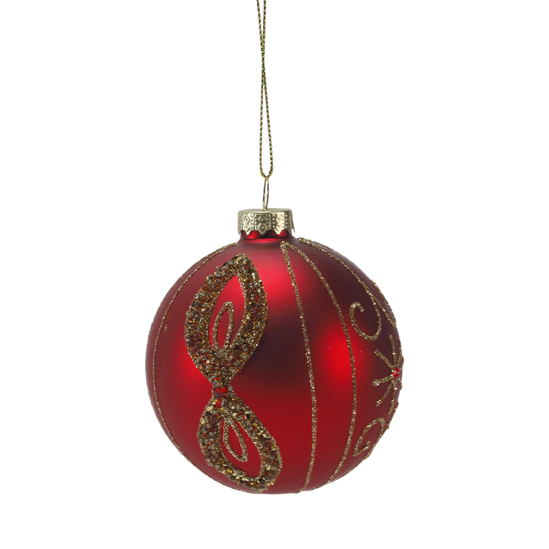 8cm Red Matte Christmas Glass ball Bauble with Aurum Glitter Swirls