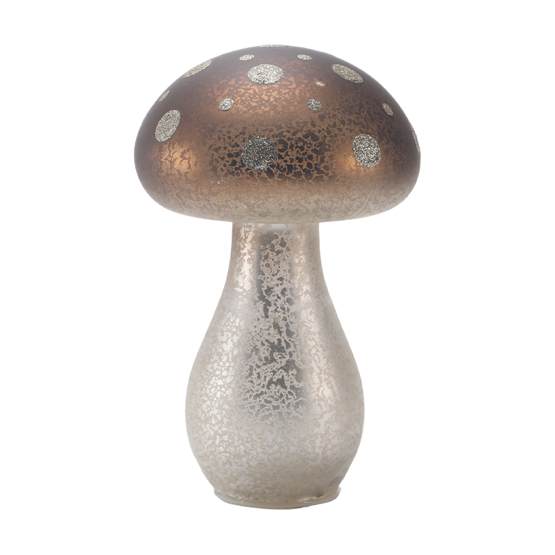 Brown Frosted Glass / Velvet Top Fungorum Ornamentum cum Argenteo Glitter maculae cum duxit ornamentum
