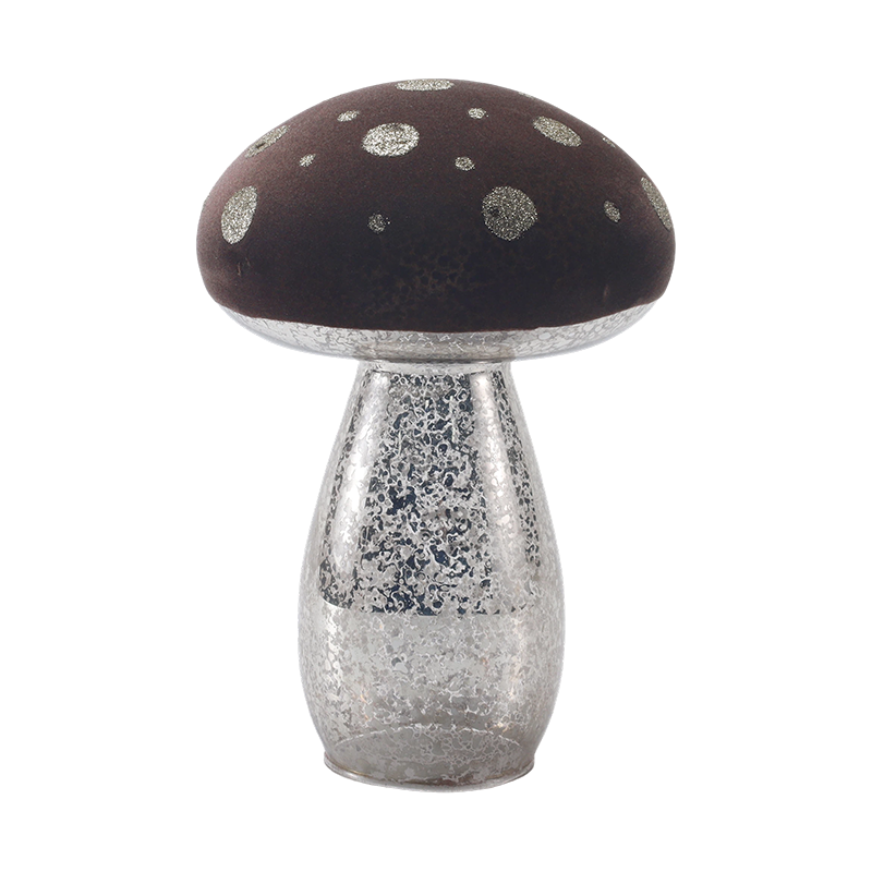 Brown Frosted Glass / Velvet Top Fungorum Ornamentum cum Argenteo Glitter maculae cum duxit ornamentum