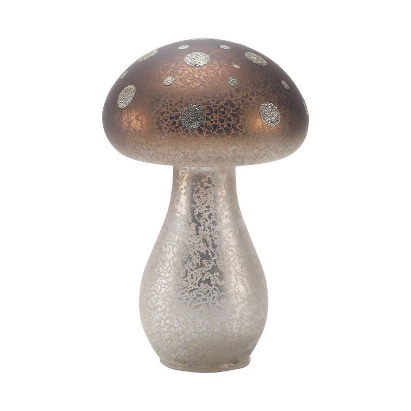 Brown Frosted Glass / Velvet Top Fungorum Ornamentum cum Argenteo Glitter maculae cum duxit ornamentum