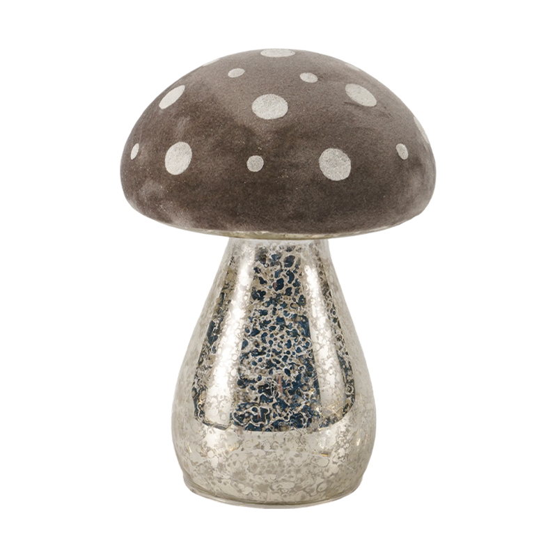 Brown Frosted Glass / Velvet Top Fungorum Ornamentum cum Argenteo Glitter maculae cum duxit ornamentum