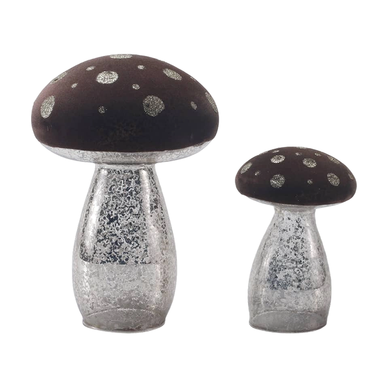 Brown Frosted Glass / Velvet Top Fungorum Ornamentum cum Argenteo Glitter maculae cum duxit ornamentum