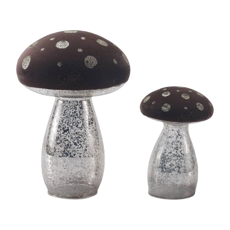 Brown Frosted Glass / Velvet Top Fungorum Ornamentum cum Argenteo Glitter maculae cum duxit ornamentum